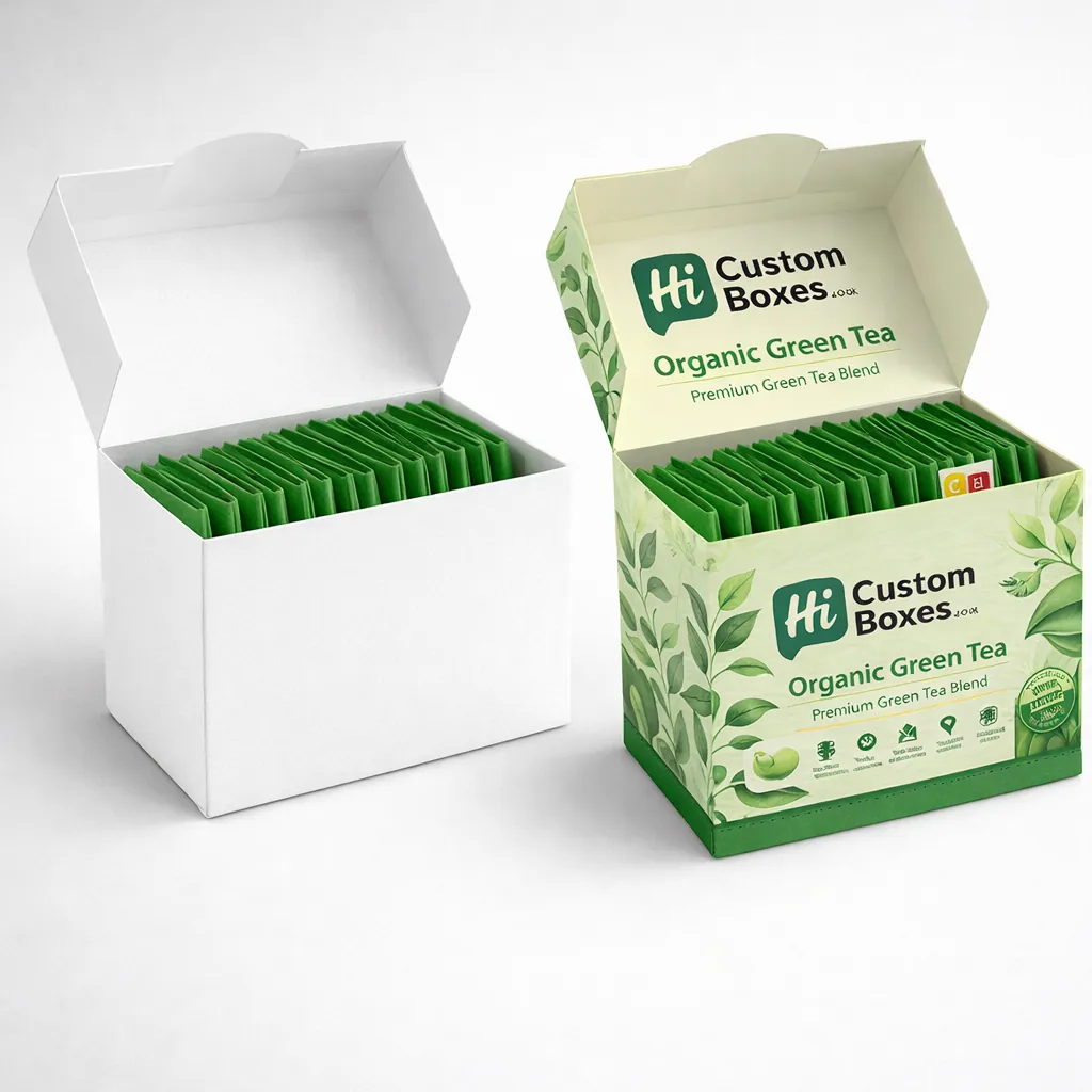 Two open flip-top boxes filled with green tea sachets, one plain white and one branded. class=